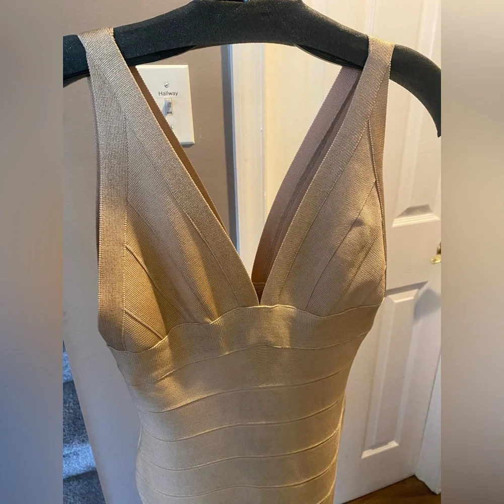 Herve Leger Champagne Gold Foil Knit Dress - Picture 10 of 13